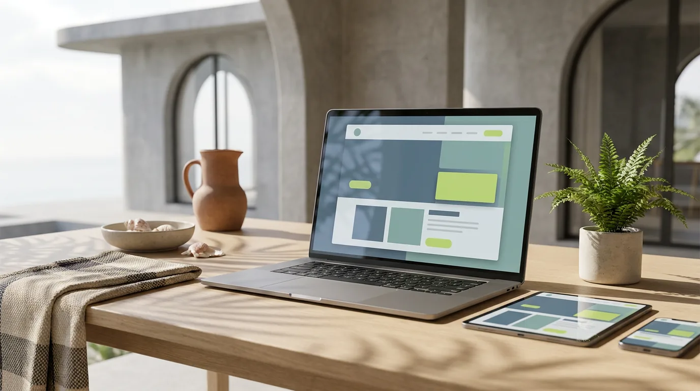 Illustrative responsive website concept across desktop, tablet and phone